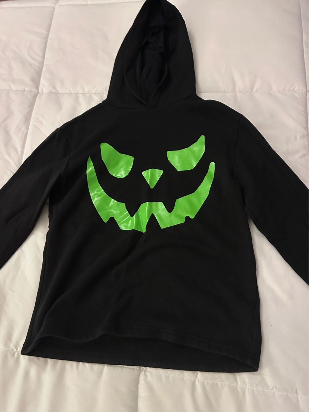 H&M Black Hoodie with Bright Green Jack-O'-Lantern Face youth size12/14
